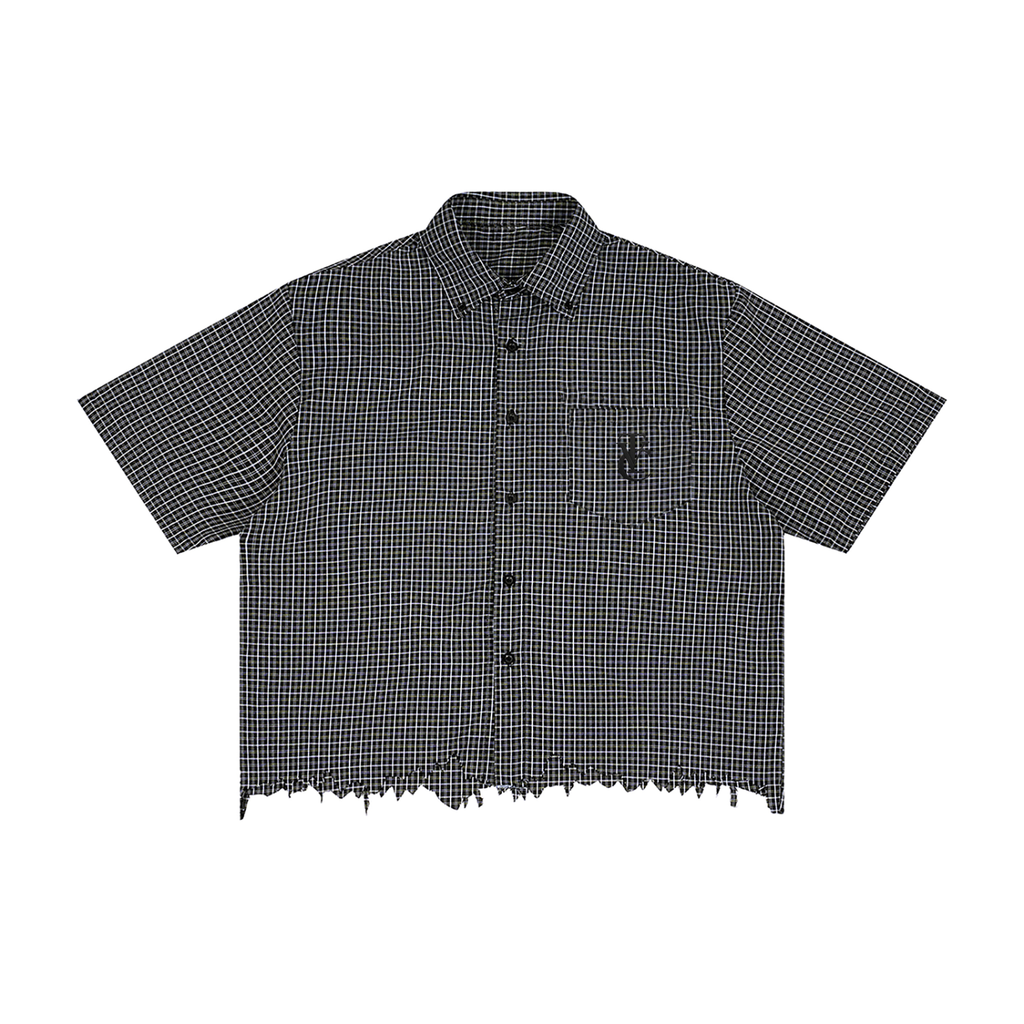 Unisex Distressed Plaid Boxy Shirt